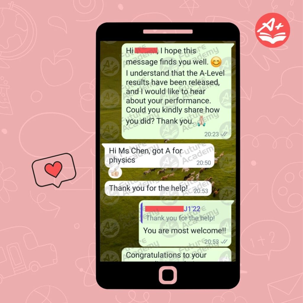 WhatsApp message confirming A-Level Physics A grade achieved with guidance from Future Academy tutors