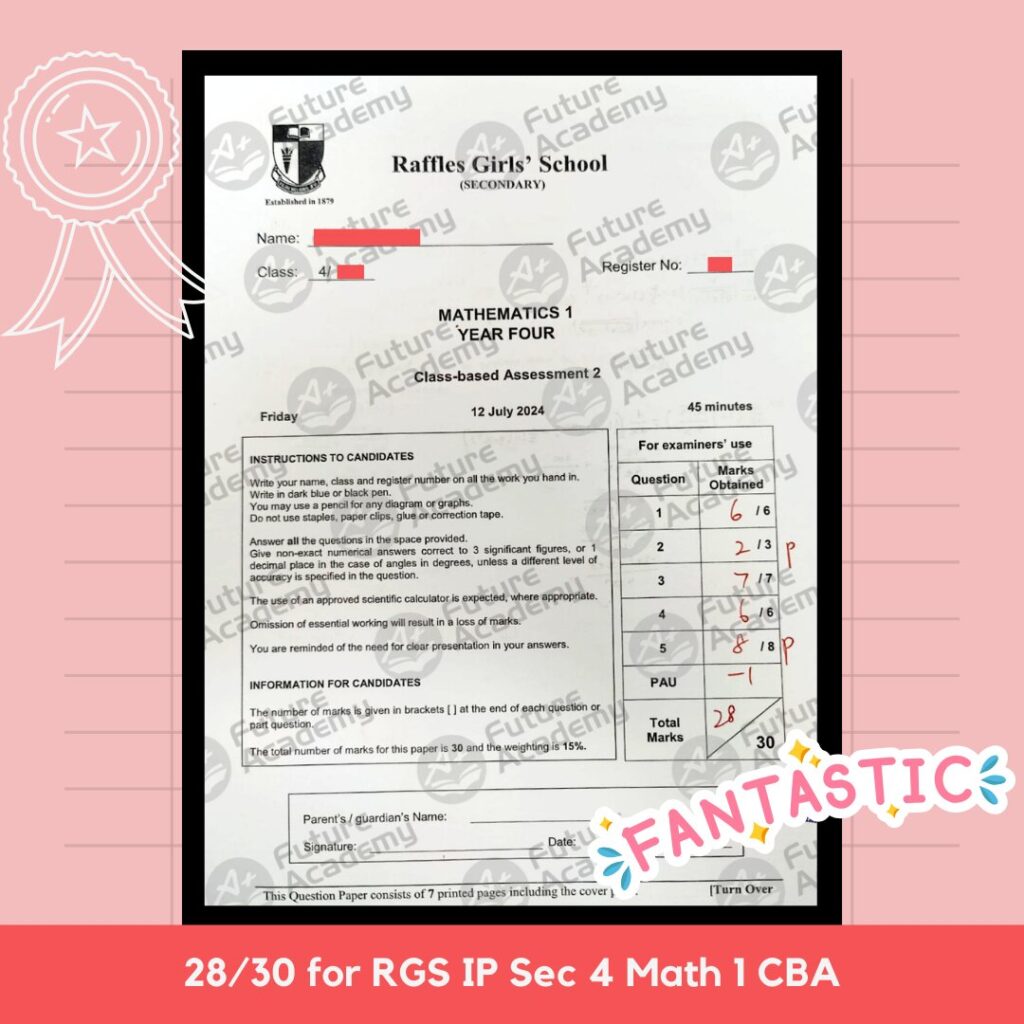RGS IP Sec 4 Math 1 student exam sheet showing 28 marks