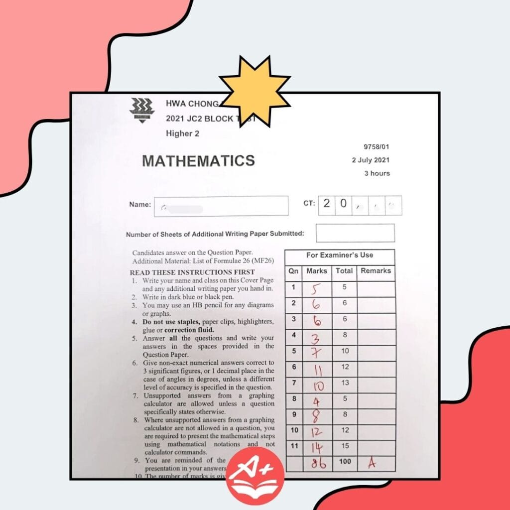 Hwa Chong JC H2 Mathematics block test showing strong improvement with tuition support from Future Academy