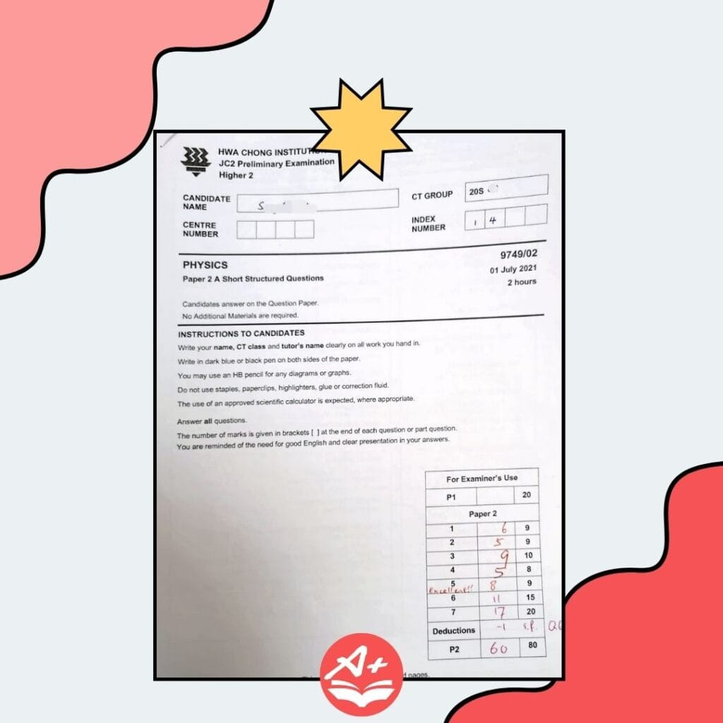 A-Level H2 Physics assessment results demonstrating improvement with structured tuition support from Future Academy