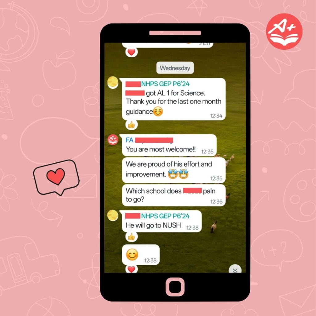 Parent message sharing PSLE Science AL1 result after guidance from Future Academy