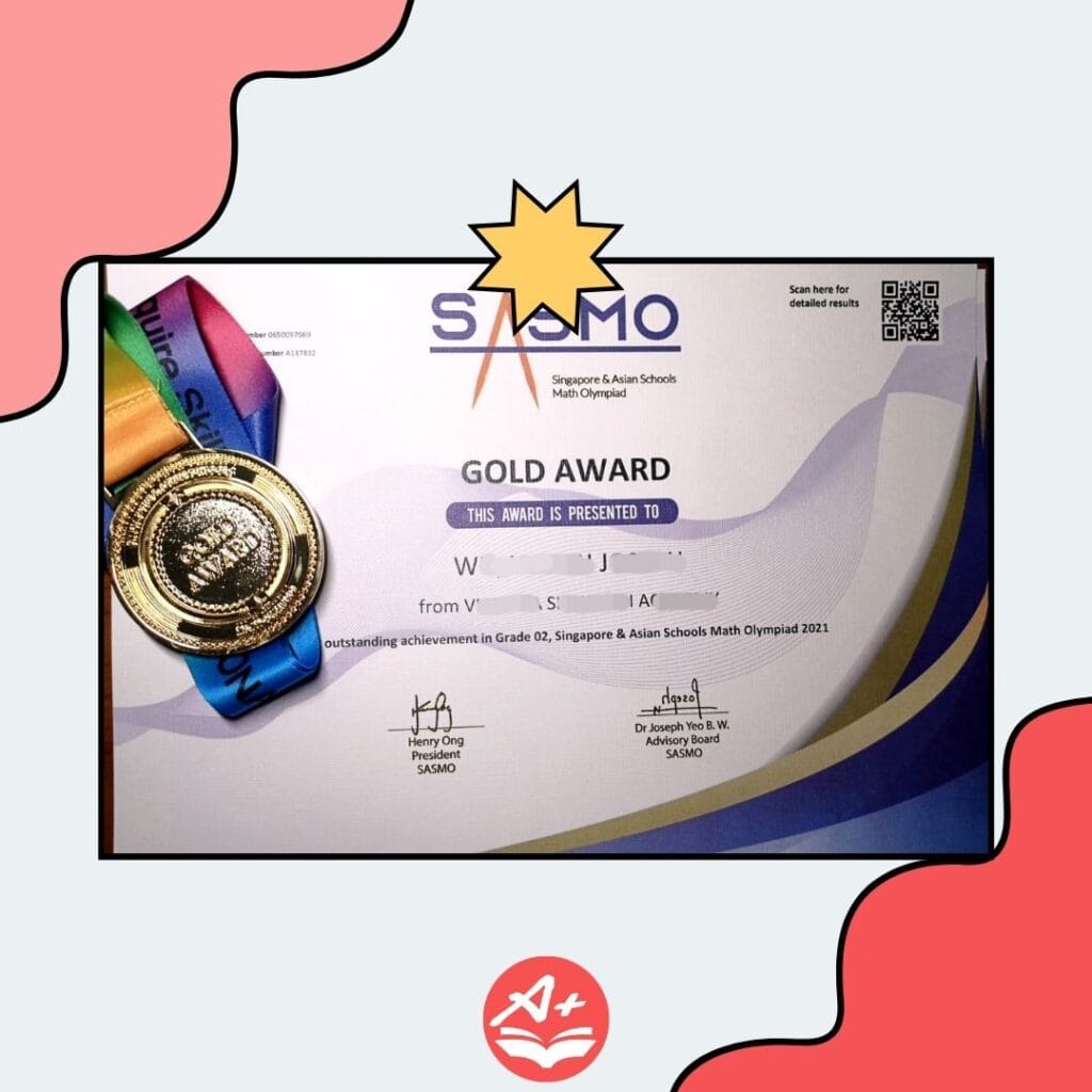 SASMO Gold Award medal and certificate for primary Math competition