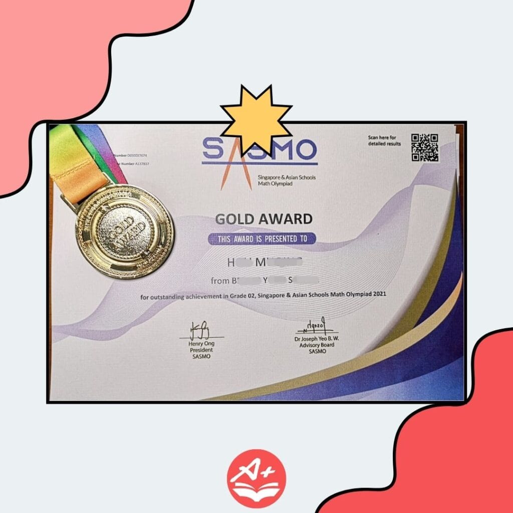 Singapore and Asian Schools Math Olympiad (SASMO) Gold Award certificate
