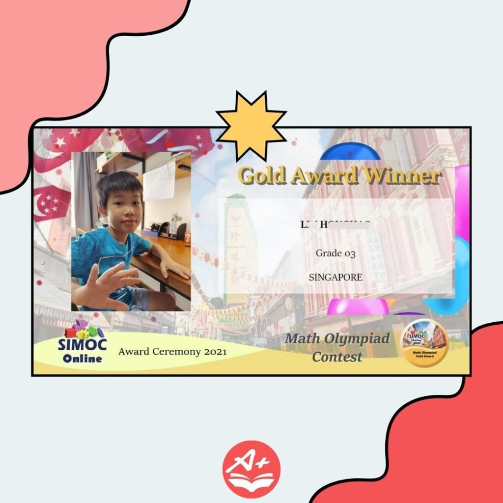 Primary student receiving a Gold Award at a Math Olympiad competition with tuition at Future Academy