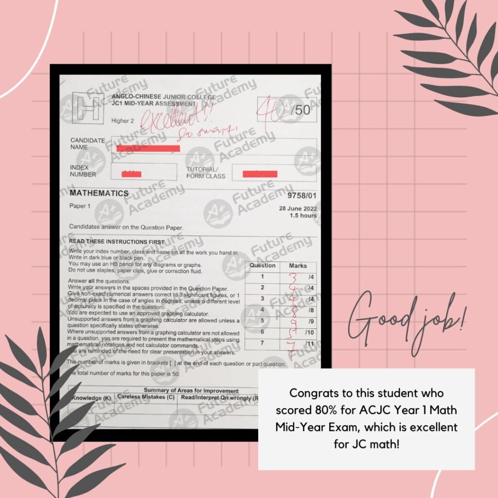 ACJC Year 1 H2 Mathematics mid-year result scoring 80%, achieved with structured tuition support from Future Academy
