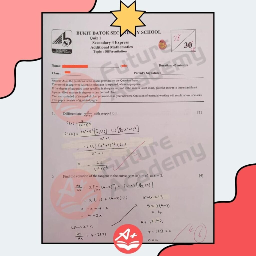 Bukit Batok Secondary School Additional Math quiz result showing strong performance with tuition support from Future Academy