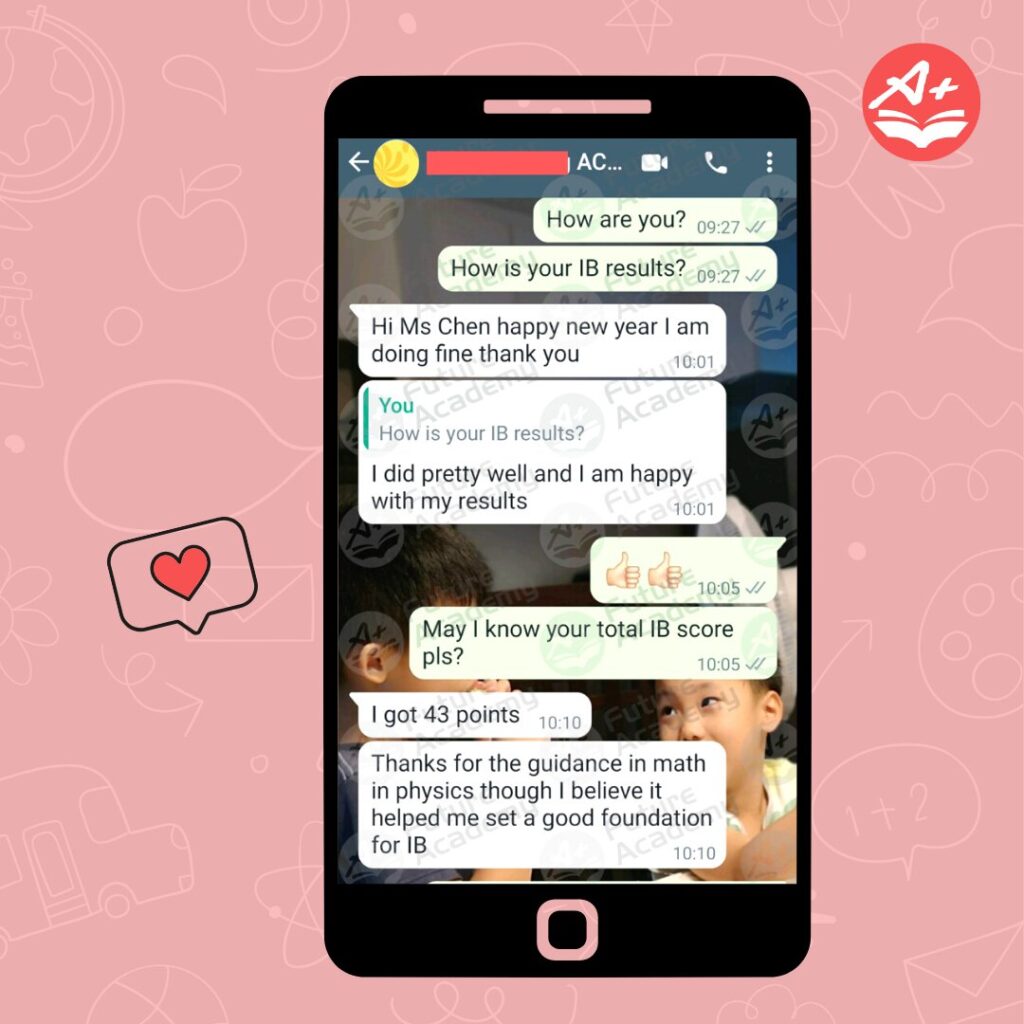 Student sharing IB results and expressing satisfaction with academic progress