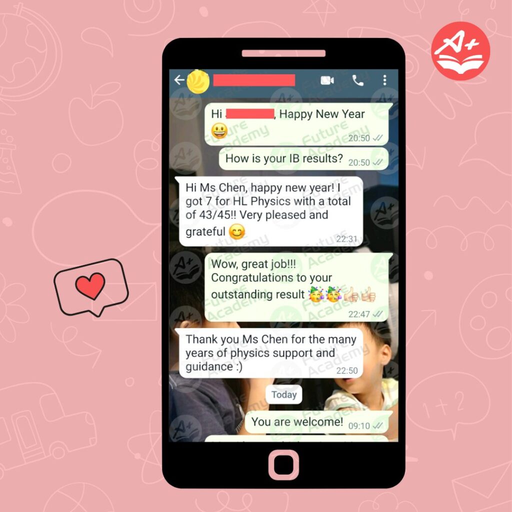 Student reporting strong IB Physics results and thanking teachers for guidance from Future Academy