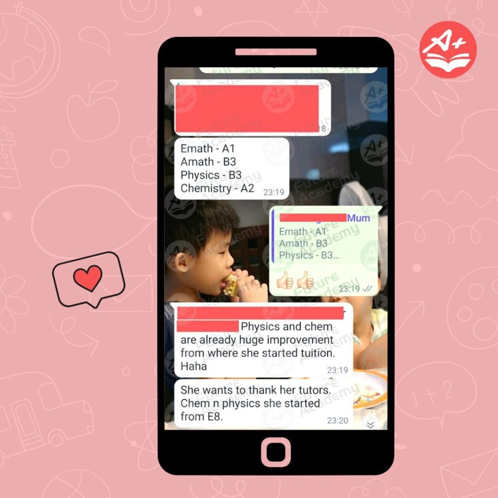 Parent message reporting improved O-Level E Math, A Math, and Science grades with tuition support from Future Academy