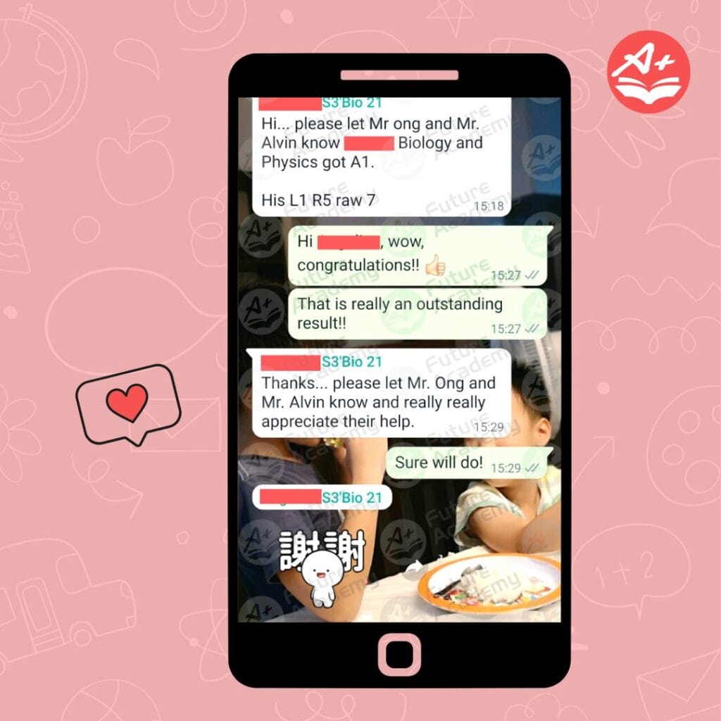 Parent message sharing strong O-Level results in Math and Science with tuition support from Future Academy