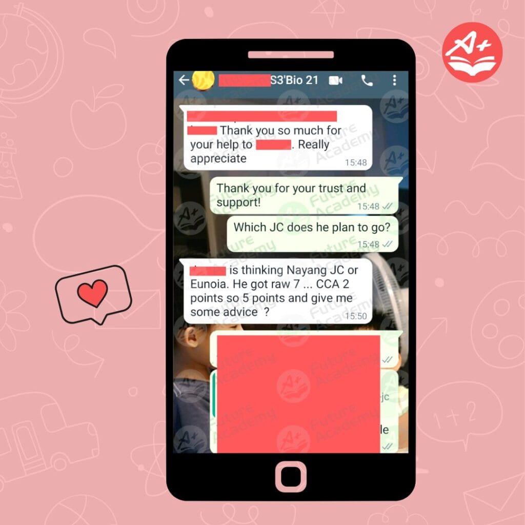 Student message expressing appreciation and improved O-Level Math performance with tuition support from Future Academy