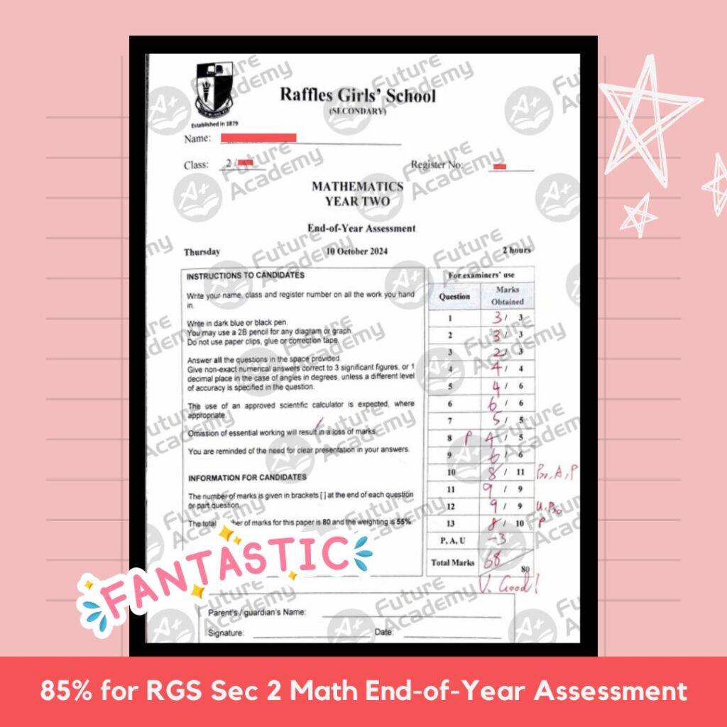 RGS Sec 2 Math end-of-year paper showing score of 68 marks