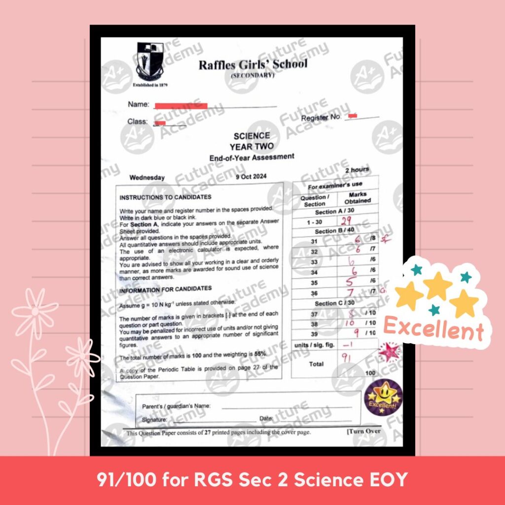 RGS Sec 2 Science end-of-year paper showing score of 91 marks