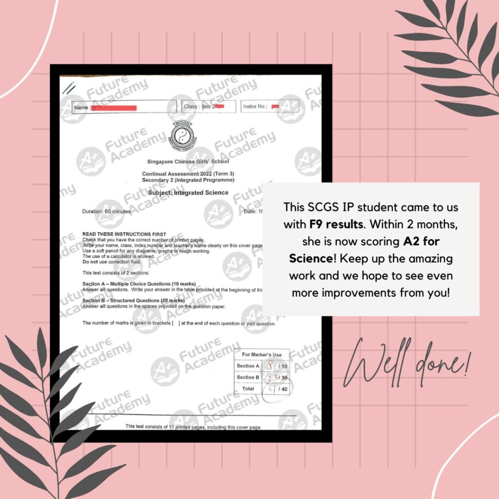 SCGS IP student improving from failing grades to A2 for Science within two months with support from Future Academy